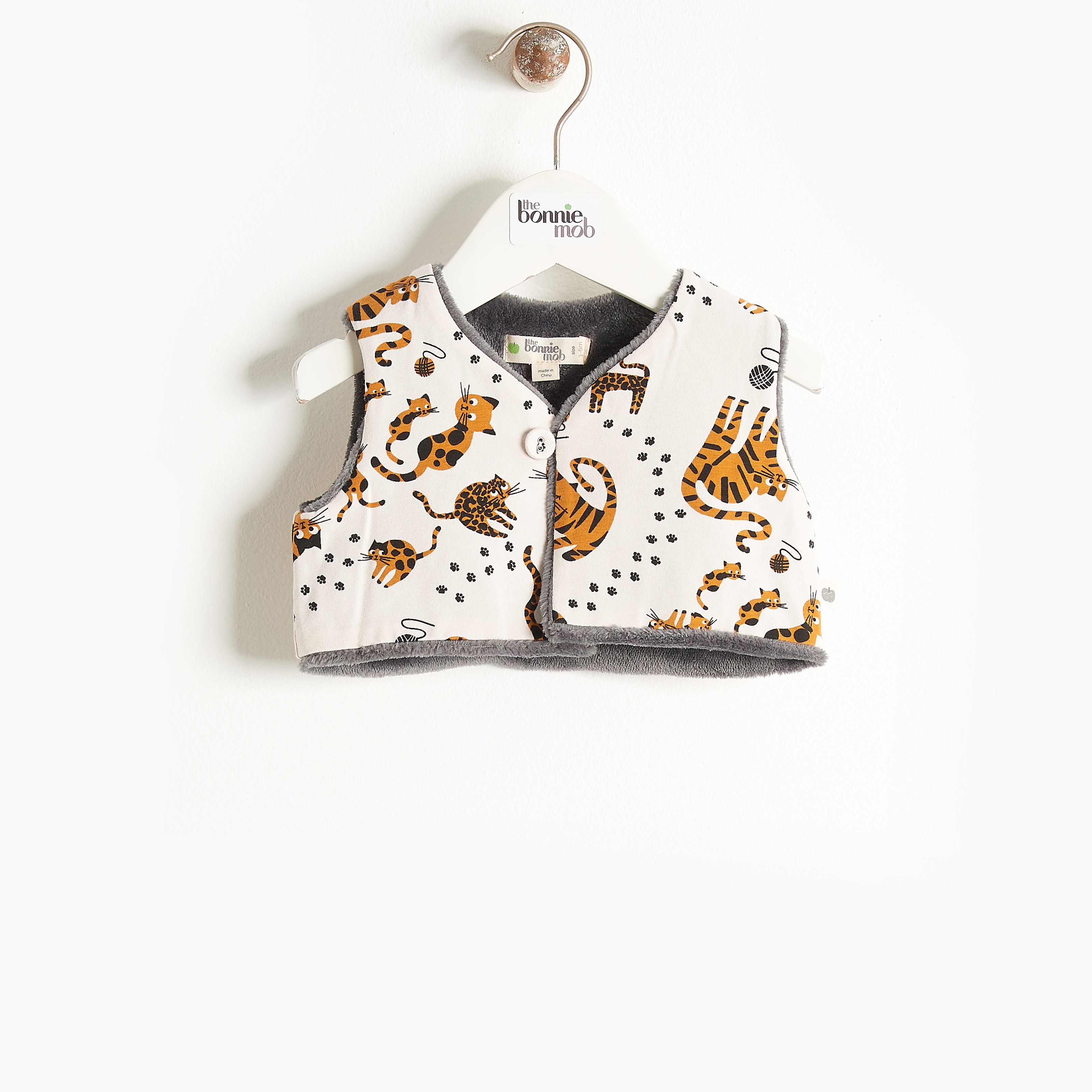 Bonnie Mob Reversible Baby Gilet Faux Fur Lined - Sand Cat Print