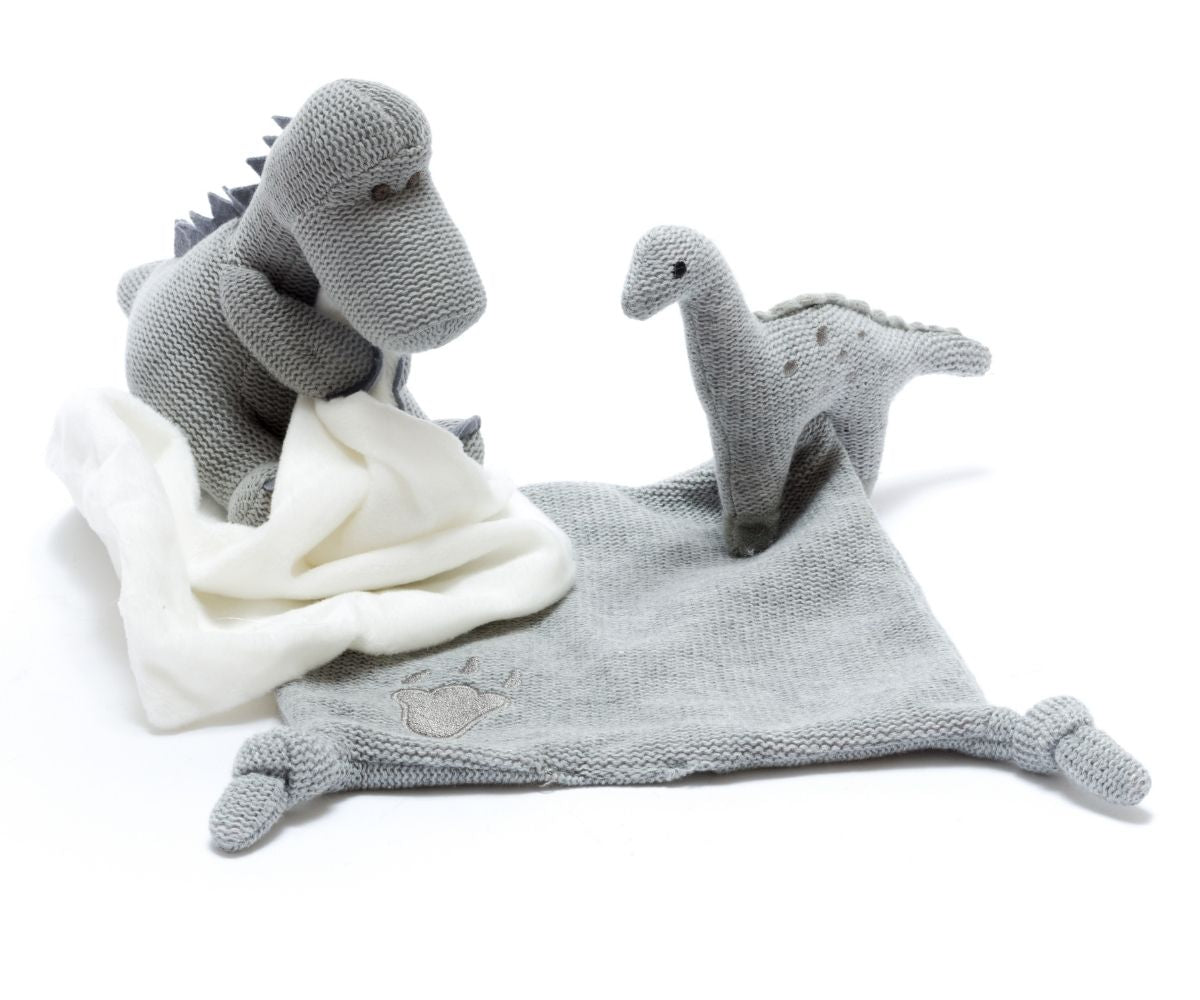 Knitted Organic Grey Dinosaur With Grey Comfort Blanket