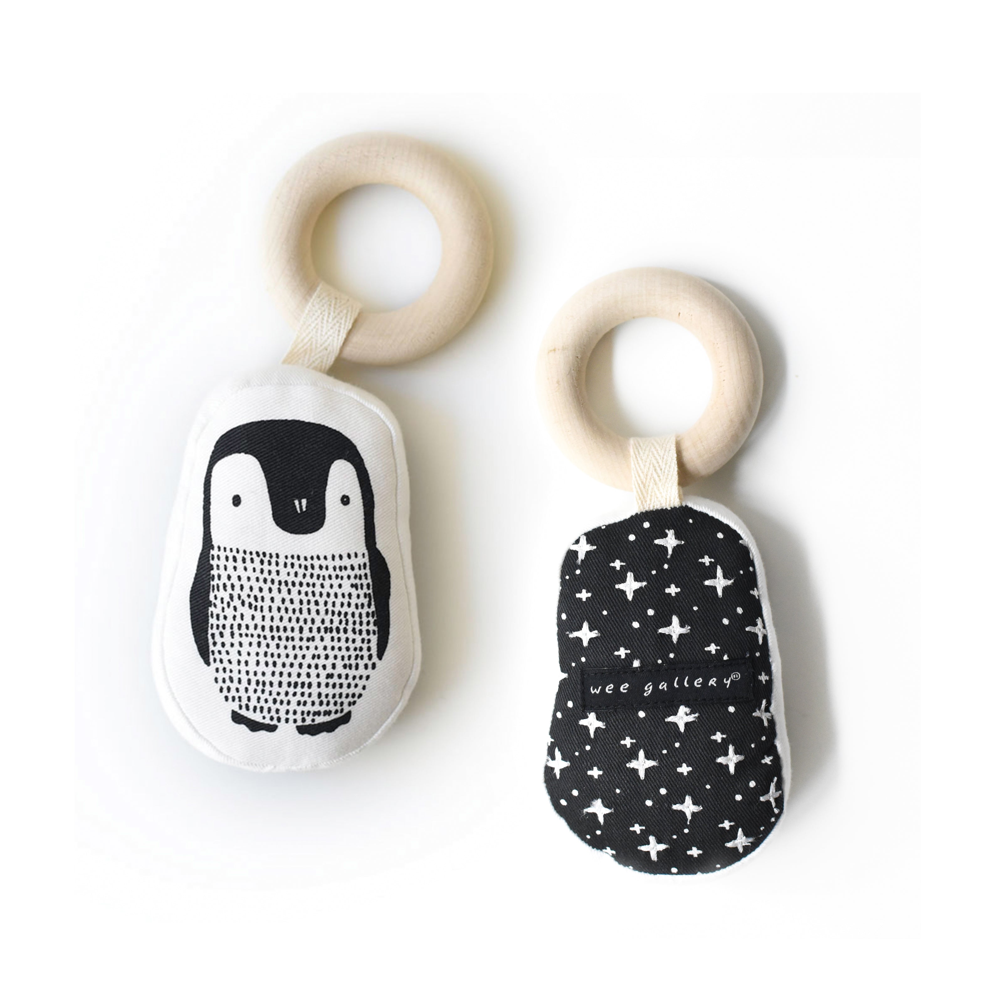 Wee Gallery Penguin Teether - Organic Cotton with Wooden Ring