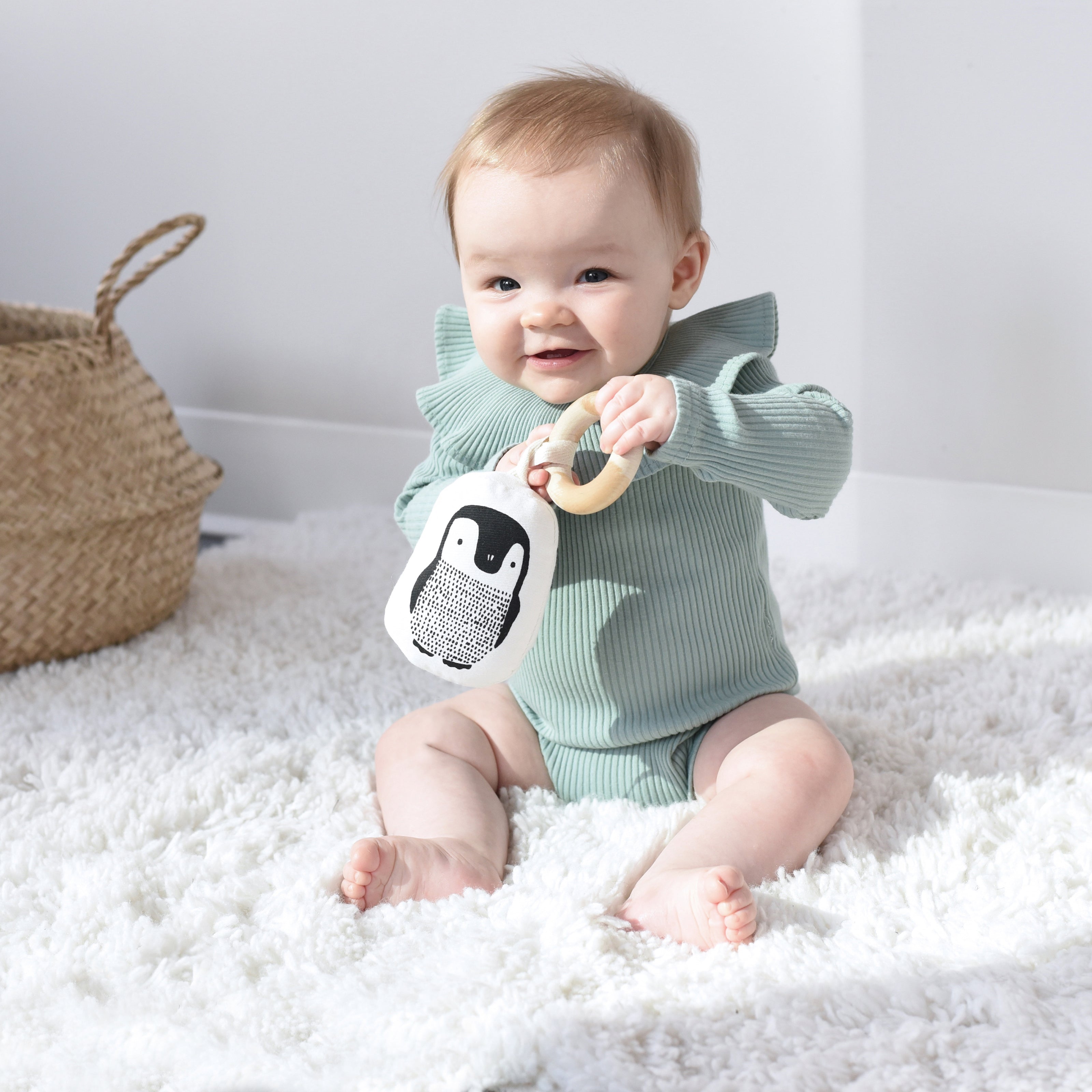 Wee Gallery Penguin Teether - Organic Cotton with Wooden Ring