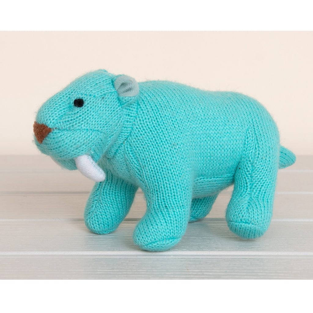 Knitted Ice Blue Sabretooth Tiger Rattle Toy