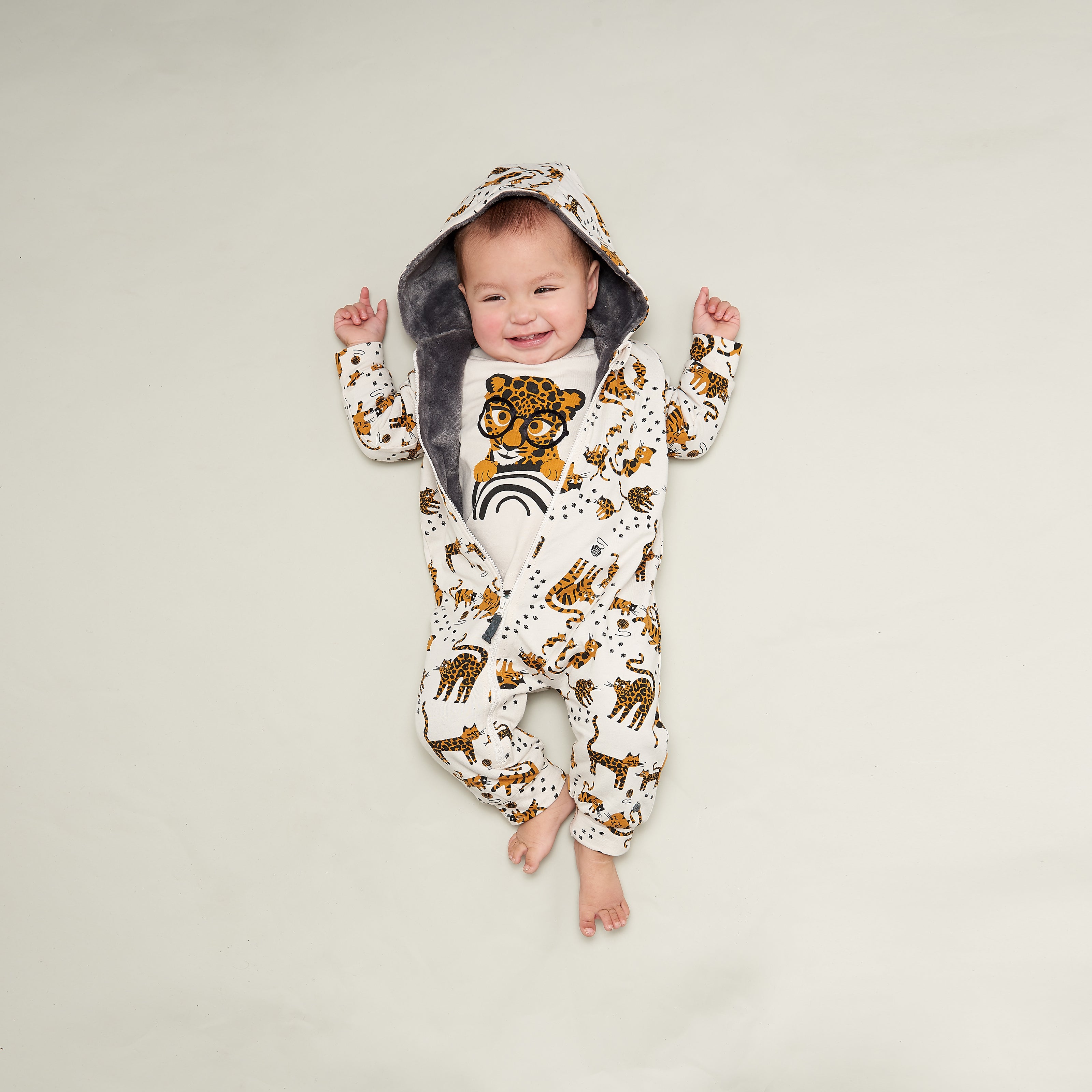 Bonnie Mob Hooded Onsie With Faux Fur Lining - Sand Cat Print