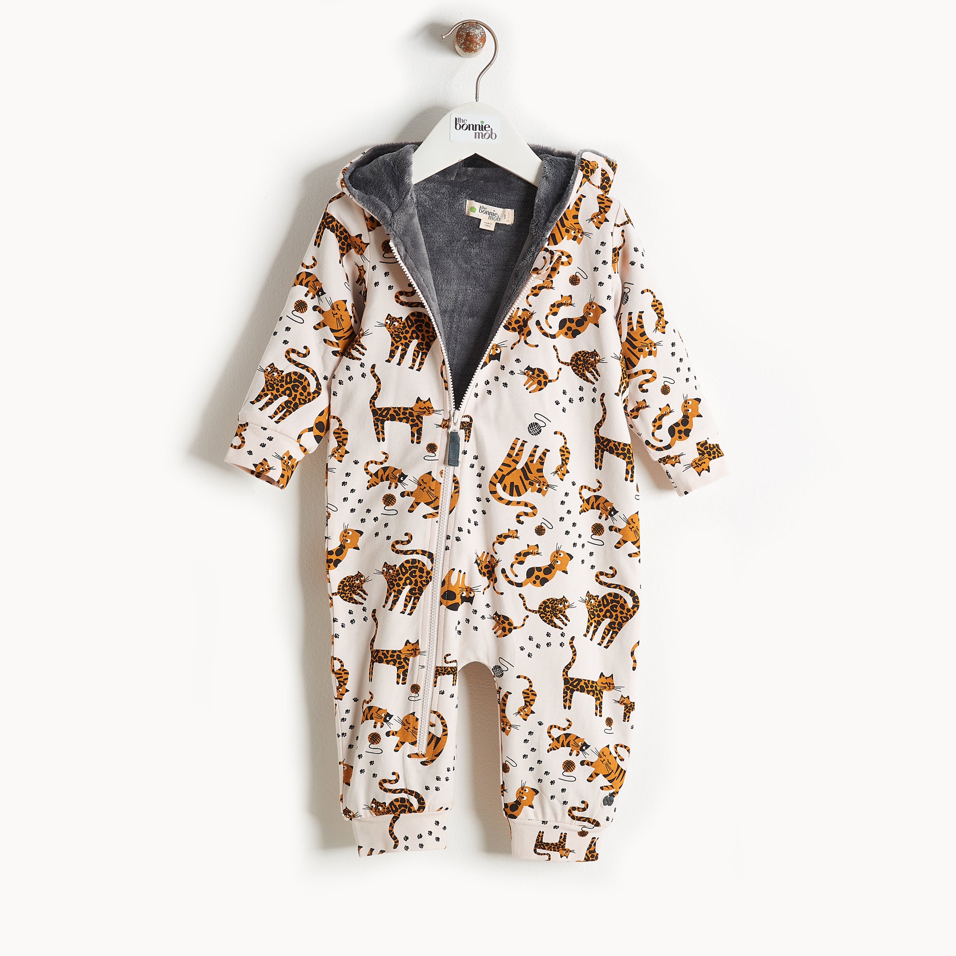 Bonnie Mob Hooded Onsie With Faux Fur Lining - Sand Cat Print