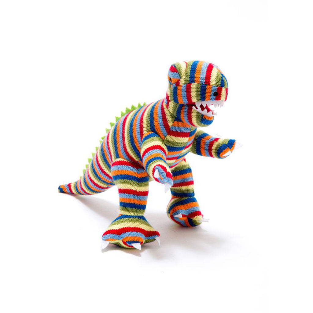 Knitted Rainbow Stripe Medium T-Rex Toy
